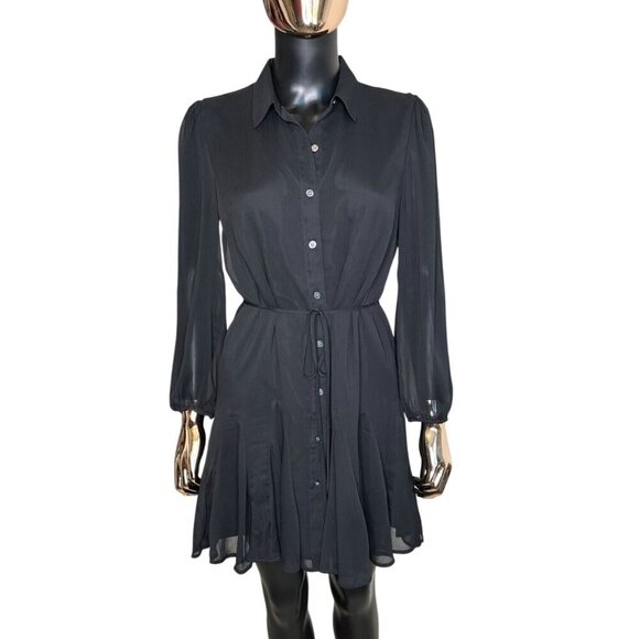 🆕 LOFT Black Chiffon Button-Down Long Sleeve Mini Dress with Tie Waist SZ Small - Picture 3 of 10